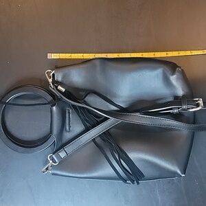 Black Bag w Strap Deep w/wooden handles.  Worn in some spots. Good condition.